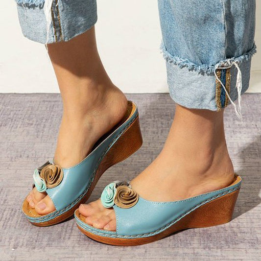 【Today's Special Price $35.99】-Womens Comfy Leather Solid Flower Strap Wedge Sandals